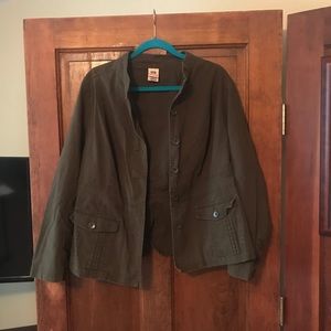 Olive green, lightweight jean jacket.